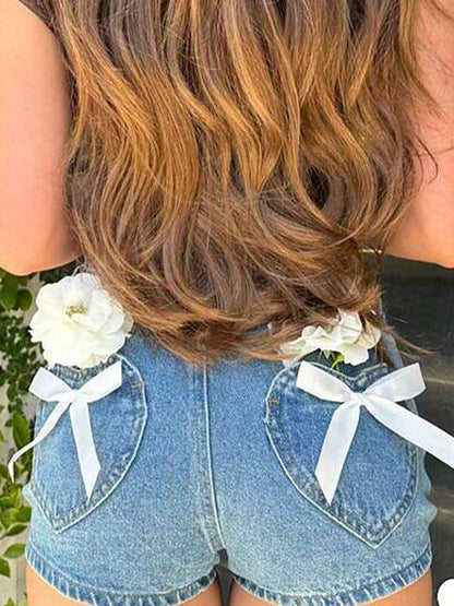 Bow Pocket Washed Denim Shorts