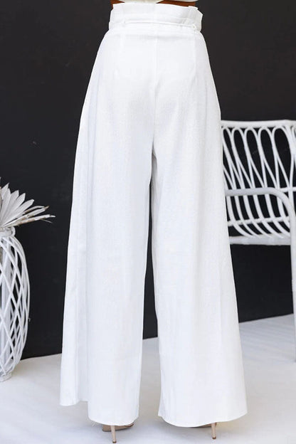 Gette Linen Blend Slit Front Top and High Rise Knoted Pocket Wide Leg Pants Set