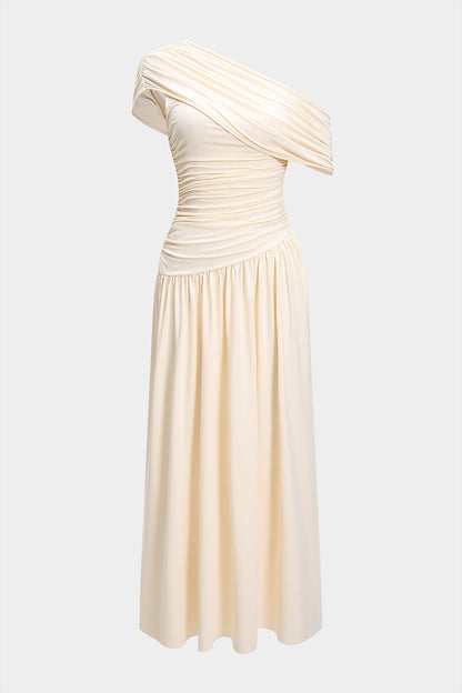 One Shoulder Ruched Draped Bodice Pleated Maxi Dress