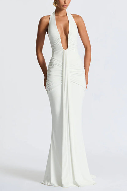 Solid Color Elegant Halterneck V-neck Open Back Tie Gathered Maxi Dress