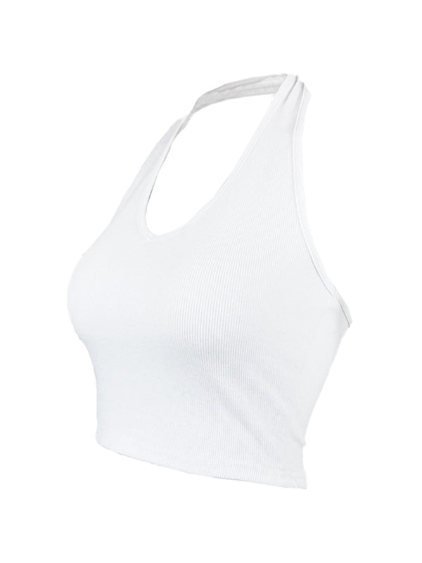 Solid Backless V Neck Halter Vest