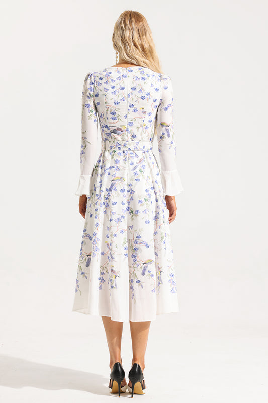 Floral V-Neck Long Sleeve Midi Dress With Belt