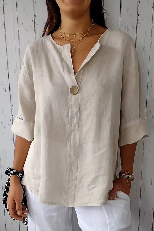 Solid Color Casual Button V-neck Loose Top