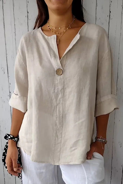 Solid Color Casual Button V-neck Loose Top