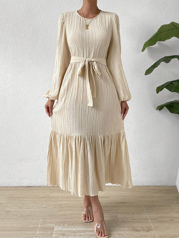 A-line Long Sleeves Elasticity Pleated Solid Color Split-Joint Tied Waist Round-neck Midi Dresses