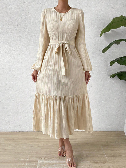 A-line Long Sleeves Elasticity Pleated Solid Color Split-Joint Tied Waist Round-neck Midi Dresses