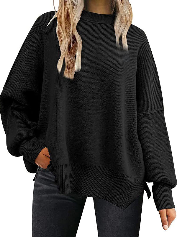 Solid Crew Neck Cape Sleeve Slit Sweater