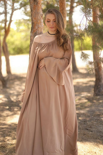 | Solid Loose Slouchy Flared Hem Maxi Dress