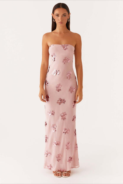Strapless Sequin Floral Embellished Sheer Mesh Column Maxi Gown