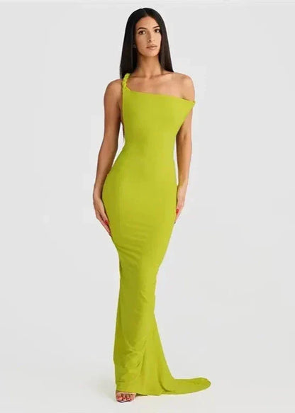 One Shoulder Asymmetric Drape Twisted Strap Bodycon Maxi Dress