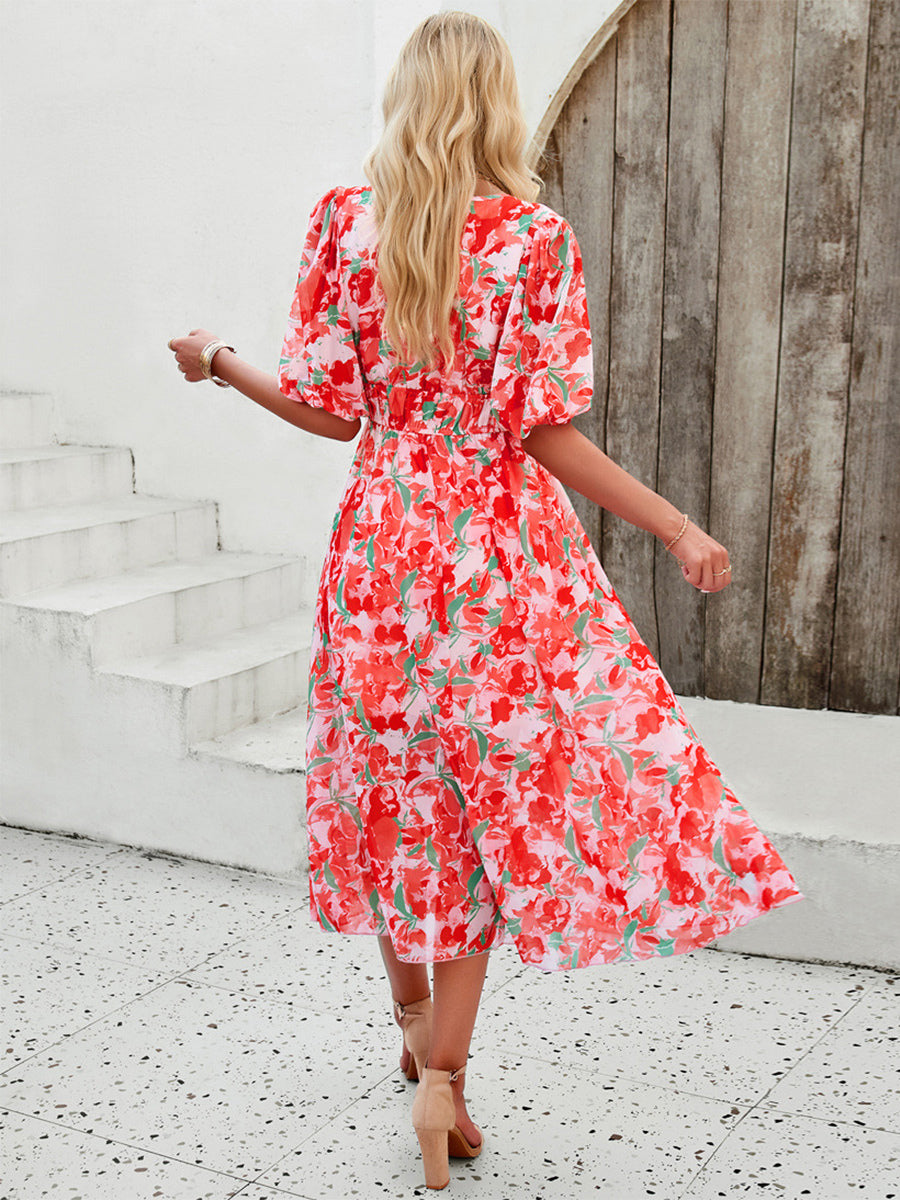 Floral Dress Midi Dress Printed Short Sleeves V-Neck Sweet Summer