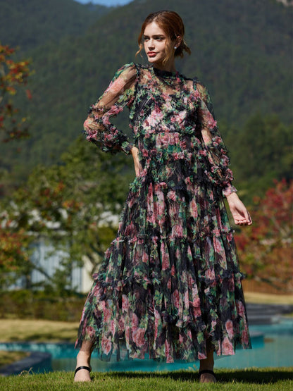 Floral Dress Illusion Neck And Sleeves High Collar Teried Party Maxi Dresses
