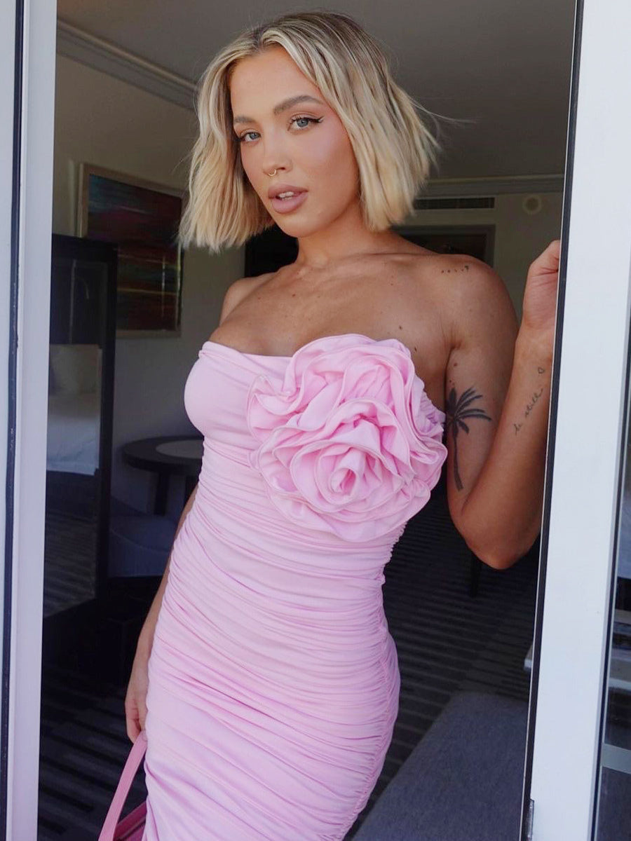 Bodycon Dress Off The Shoulder Pleated 3D Flower Dating Midi Dress