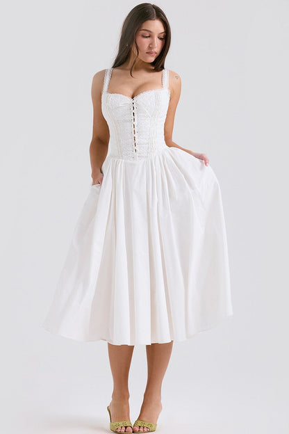 Sweetheart Lace Up Corset Bodice Off Shoulder Strap Tiered Midi Dress