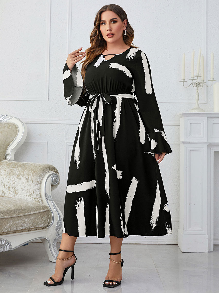 Plus Size Dress Long Sleeves V-Neck Belted Knotted Casual Midi Dresses