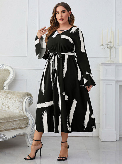 Plus Size Dress Long Sleeves V-Neck Belted Knotted Casual Midi Dresses