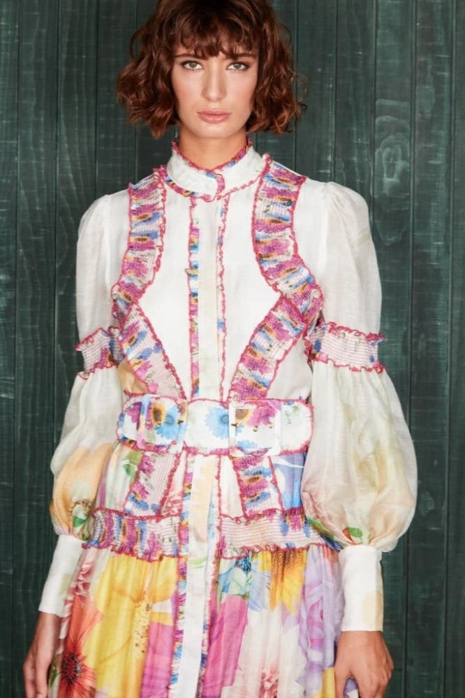 Floral Lantern Sleeve Stand Collar Frill Midi Dress With Belt