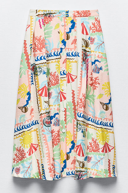 Multicolor Printed Sexy V Neck Halter Top and Midi Button-down Skirt Set
