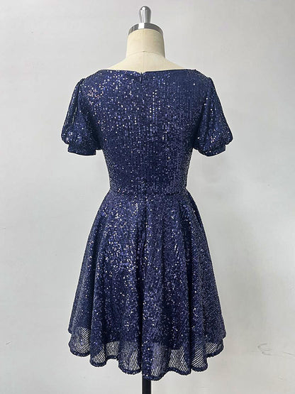Dark Navy Mini Dress U-Neck Sequins Short Sleeves Birthday Party Dresses