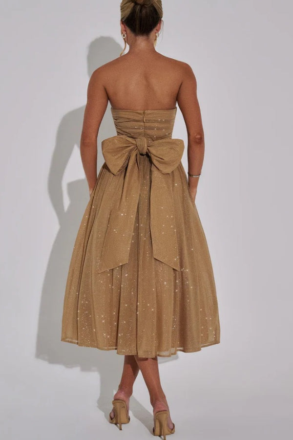 Glitter Mesh Strapless Ruched Fit-and-Flare Pocket Midi Dress