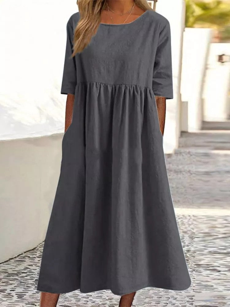 Linen Look Crew Neck Three Quarter Sleeve Pocket Empire Waist Midi Dress