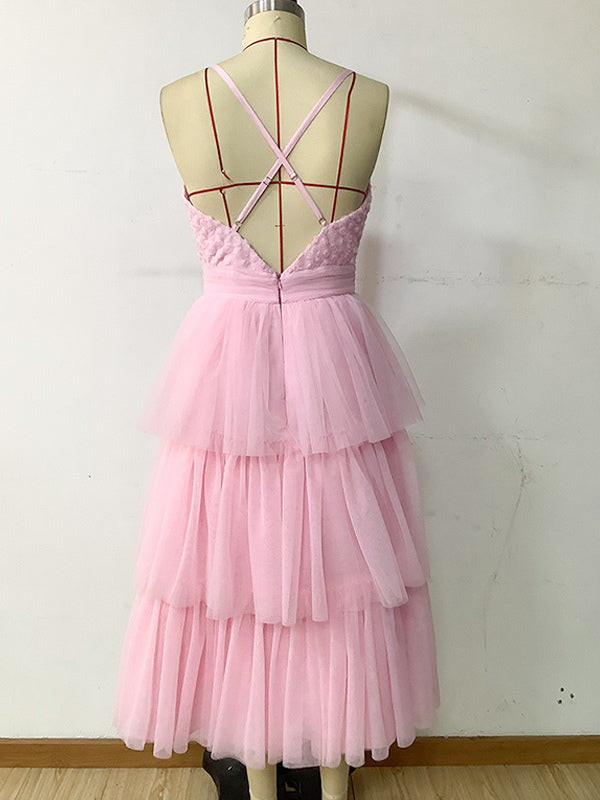 Fairylike Tulle Dress Layered V-Neck Halter Backless Sweet Midi Dresses