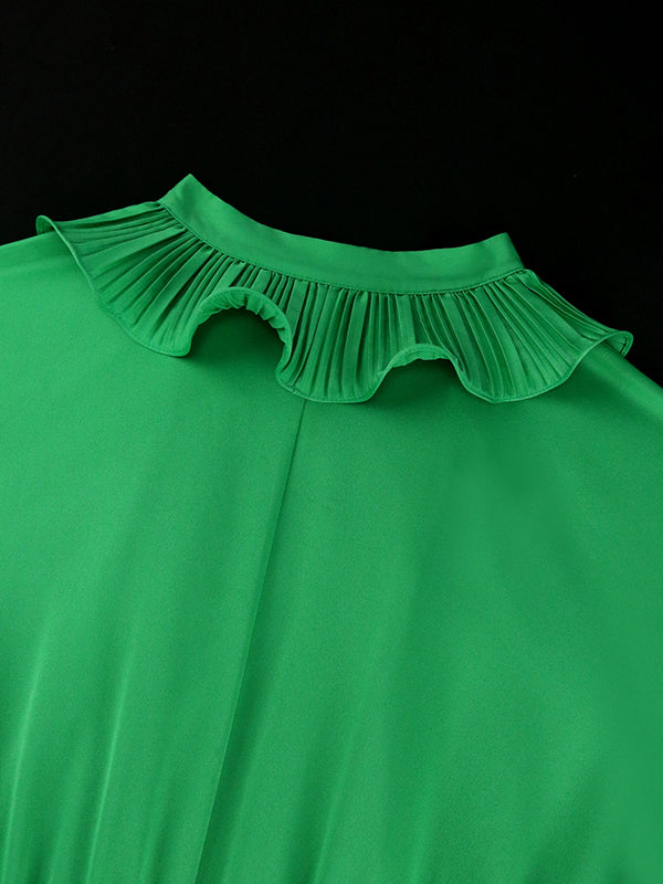 A-line Ruffle Sleeves Belted Buttoned Pleated Ruffled Solid Color Tied Waist Maxi Dresses