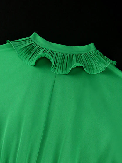 A-line Ruffle Sleeves Belted Buttoned Pleated Ruffled Solid Color Tied Waist Maxi Dresses