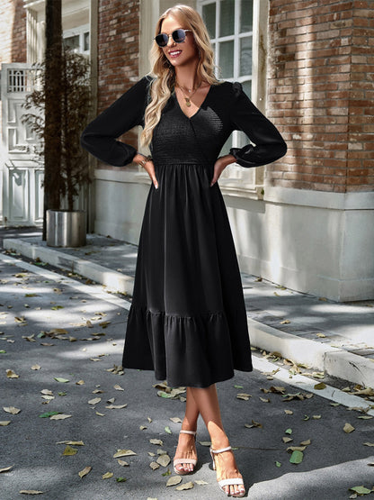 Midi Dress V Neck Lantern Sleeves Pleated Flared Daily Casual Dresses