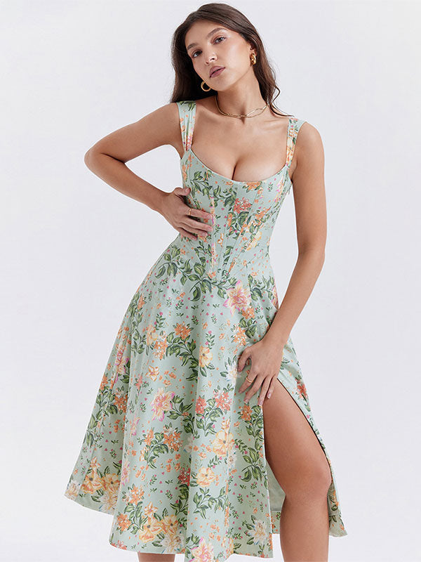 Floral Midi Dresses Backless Split Front U-Neck Sleeveless Lace-up Side Slit Chic Dress
