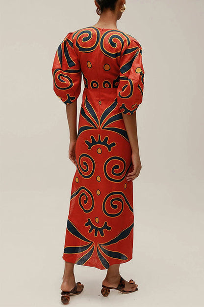 Margovil Knot Front Cut Out Puff Sleeves Side Slit Printed Midi Dress