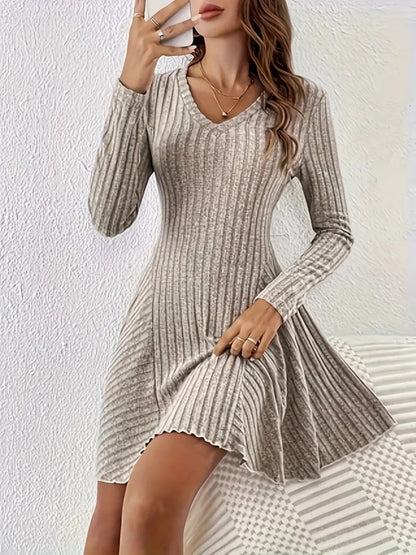 Pit Strip Knitting V-neck Long Sleeve Long Skirt Mini&Short Dresses