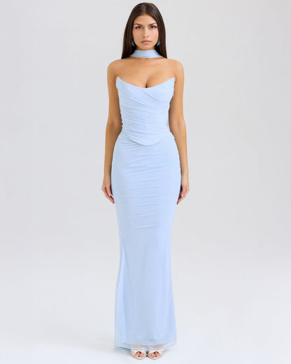 Strapless Corset Ruched Mesh Overlay Mermaid Maxi Dress with Neck Scarf