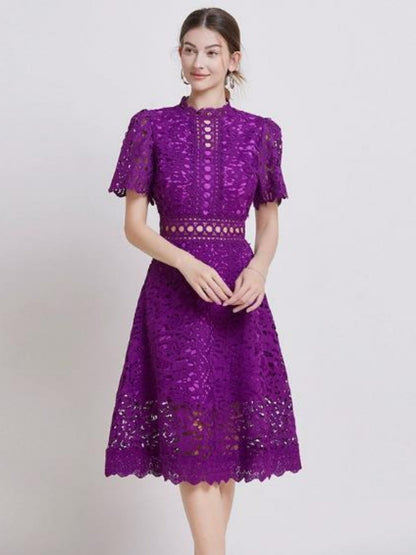 Lace Waist-cinching Hollow-out Midi Dress