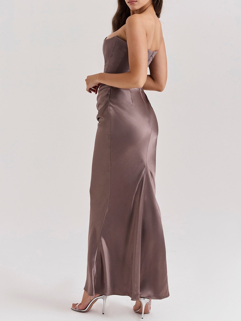 Satin Belted Strapless Off-the-shoulder Fishbone Pleated Long Bodycon Dress