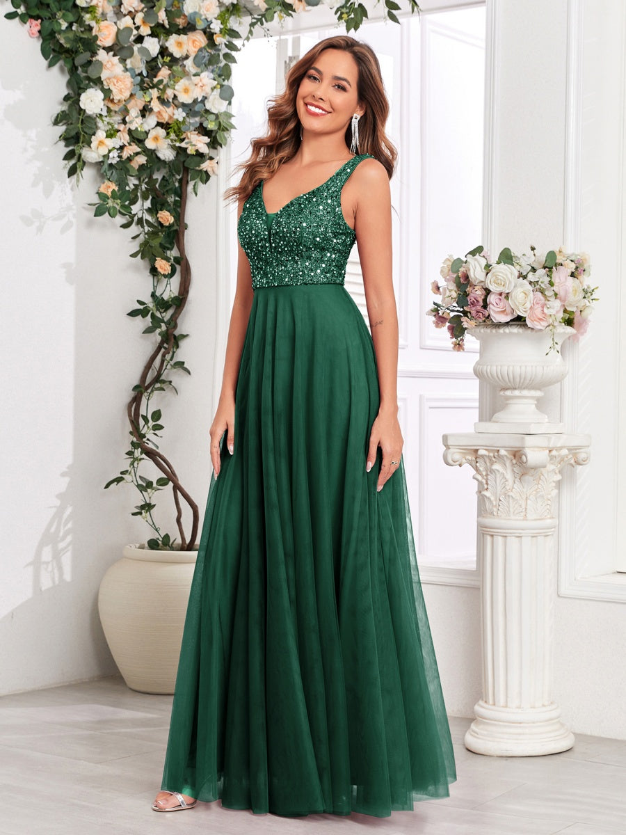 V-neck Embroidery Sequins Elegant Gauze Formal Dress Maxi Dresses