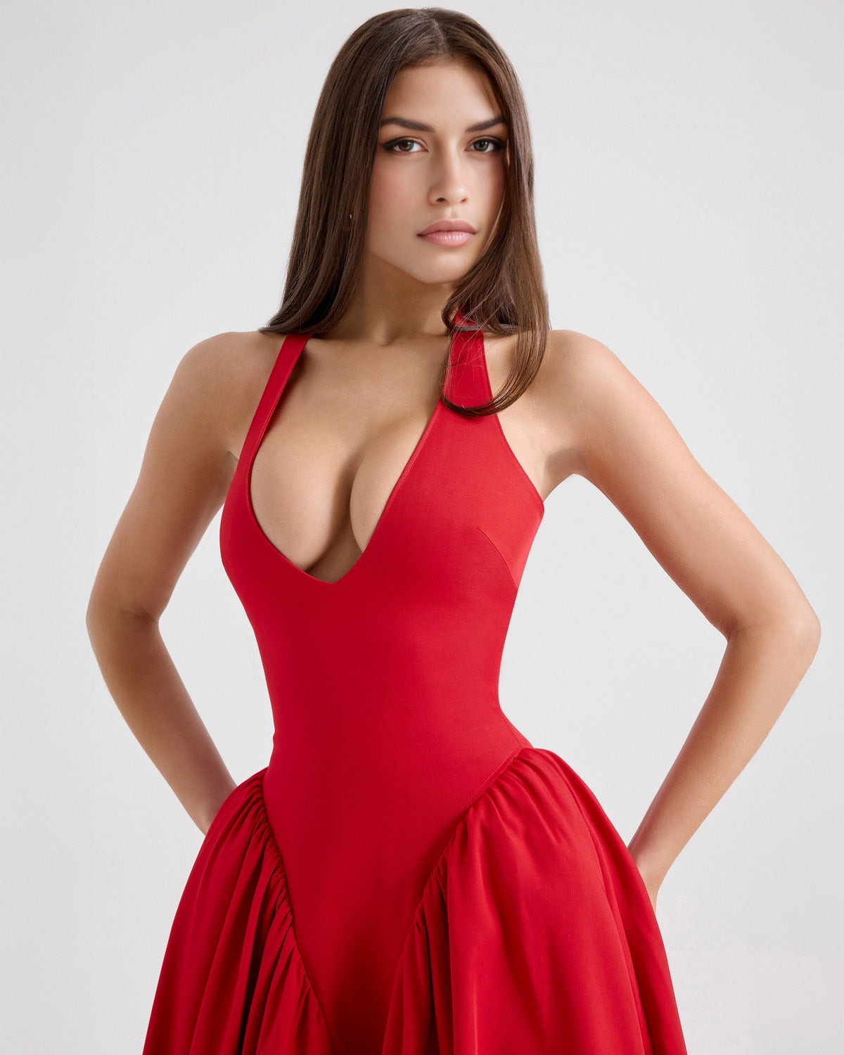 Halter Deep V Drop Waist Gathered Pleated Midi Dress