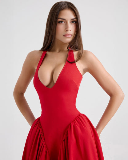 Halter Deep V Drop Waist Gathered Pleated Midi Dress