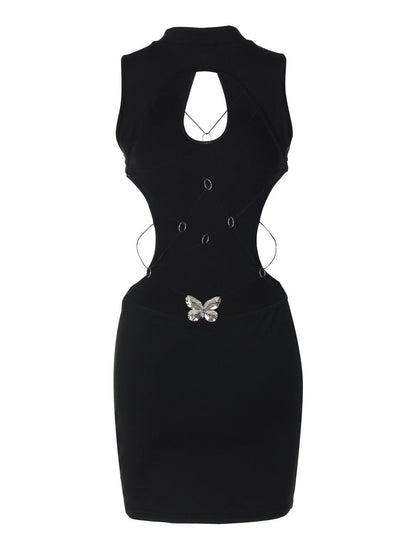 Hollowed-out Backless Design With Butterfly Metal Embellishments Mini&Short Dresses