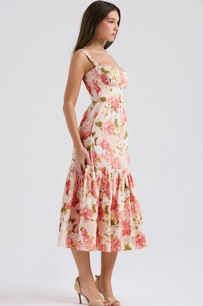 Floral Print Sweetheart Bustier Wide Strap Tiered Ruffle Hem Midi Dress