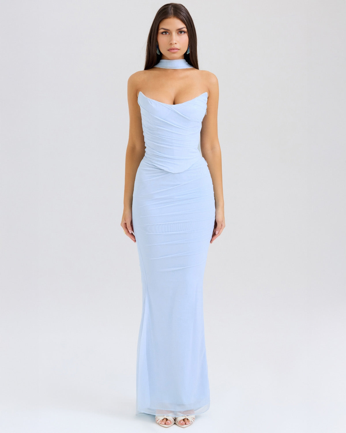 Strapless Sweetheart Corset Ruched Mesh Mermaid Maxi Dress with Matching Choker
