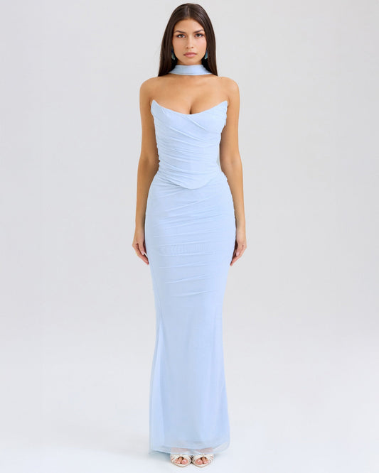 Strapless Pointed Sweetheart Corset Ruched Mesh Bodycon Maxi Dress with Matching Choker