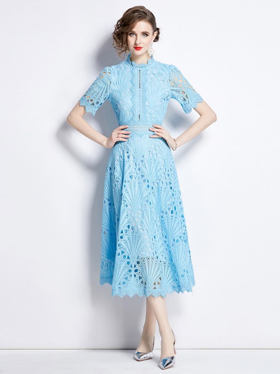 Crocheted Embroidered Lace Midi Dress