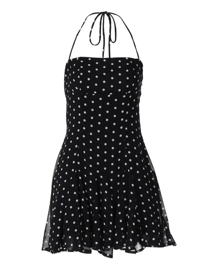 Polka Dot Print Fitted Waist Strapless Halter Neck Short Dress