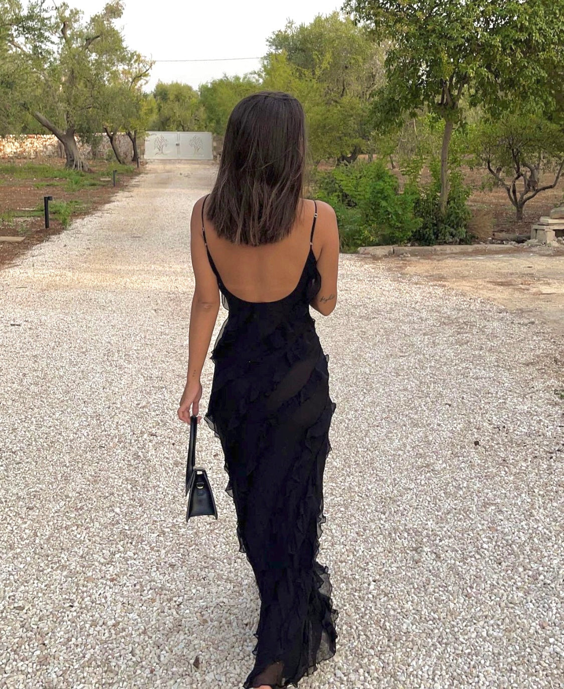 Spaghetti Strap V Neck Cascading Ruffle Slip Maxi Dress