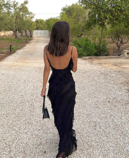 Spaghetti Strap V Neck Cascading Ruffle Slip Maxi Dress