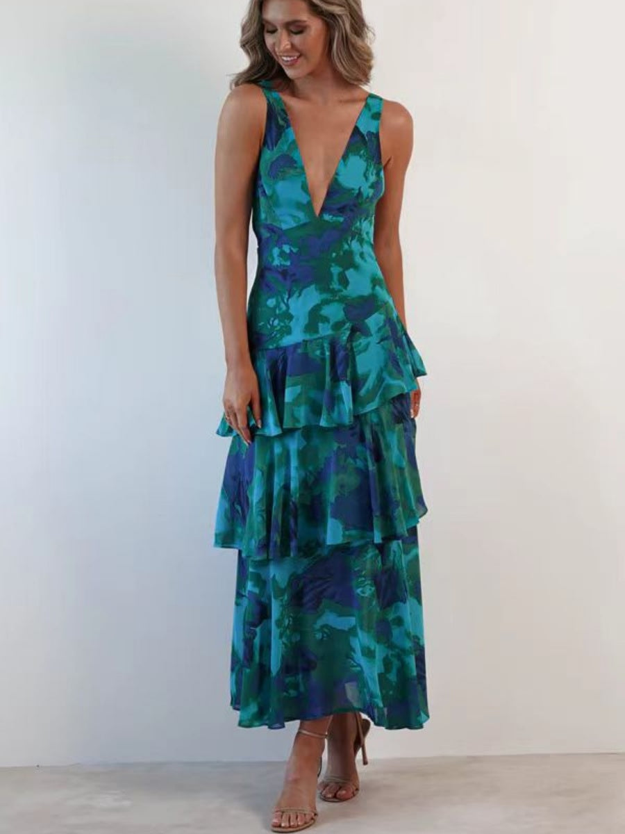 Floral Print Slim Fit Ruffled Spaghetti Strap Maxi Dress