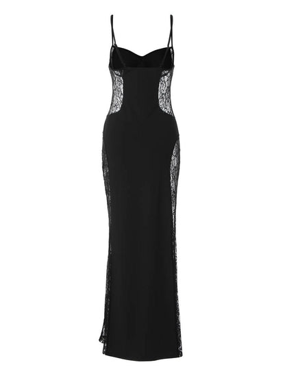 Patchwork Lace Hollow-out Waist-cinching Hip-hugging Spaghetti Strap Long Dress