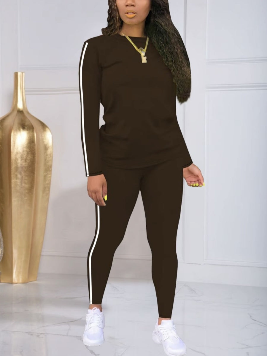 Casual Sports Color-blocked Striped Long-sleeved Top And Trousers Two-piece Set