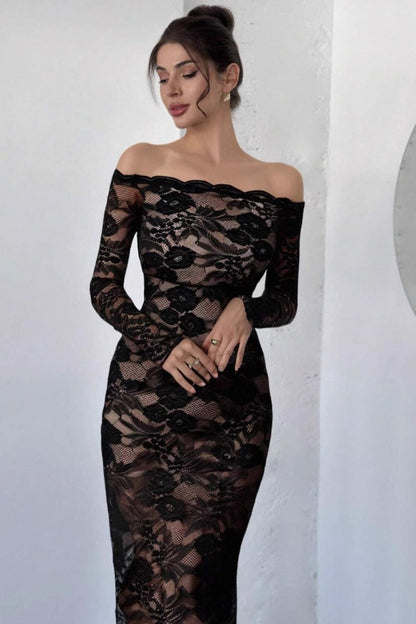 Off-Shoulder Floral Lace Long Sleeve Sheer Skirt Bodycon Maxi Dress